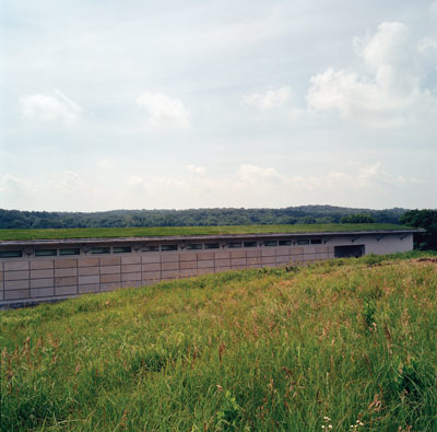 From the north side of the house, the sod roof rises out of the grade on approach.